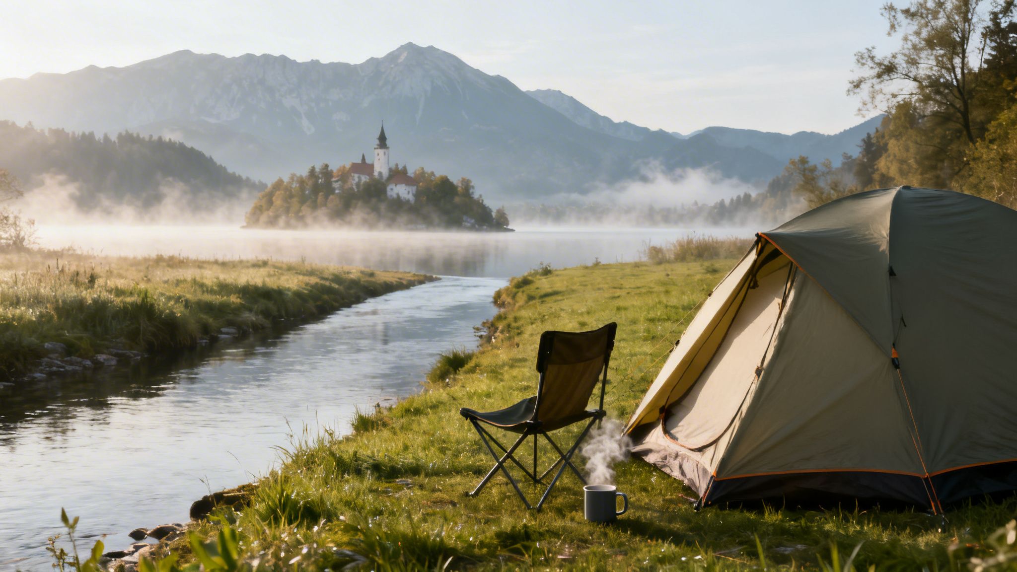 A cozy camping setup by a serene river with misty Lake Bled and an island church.