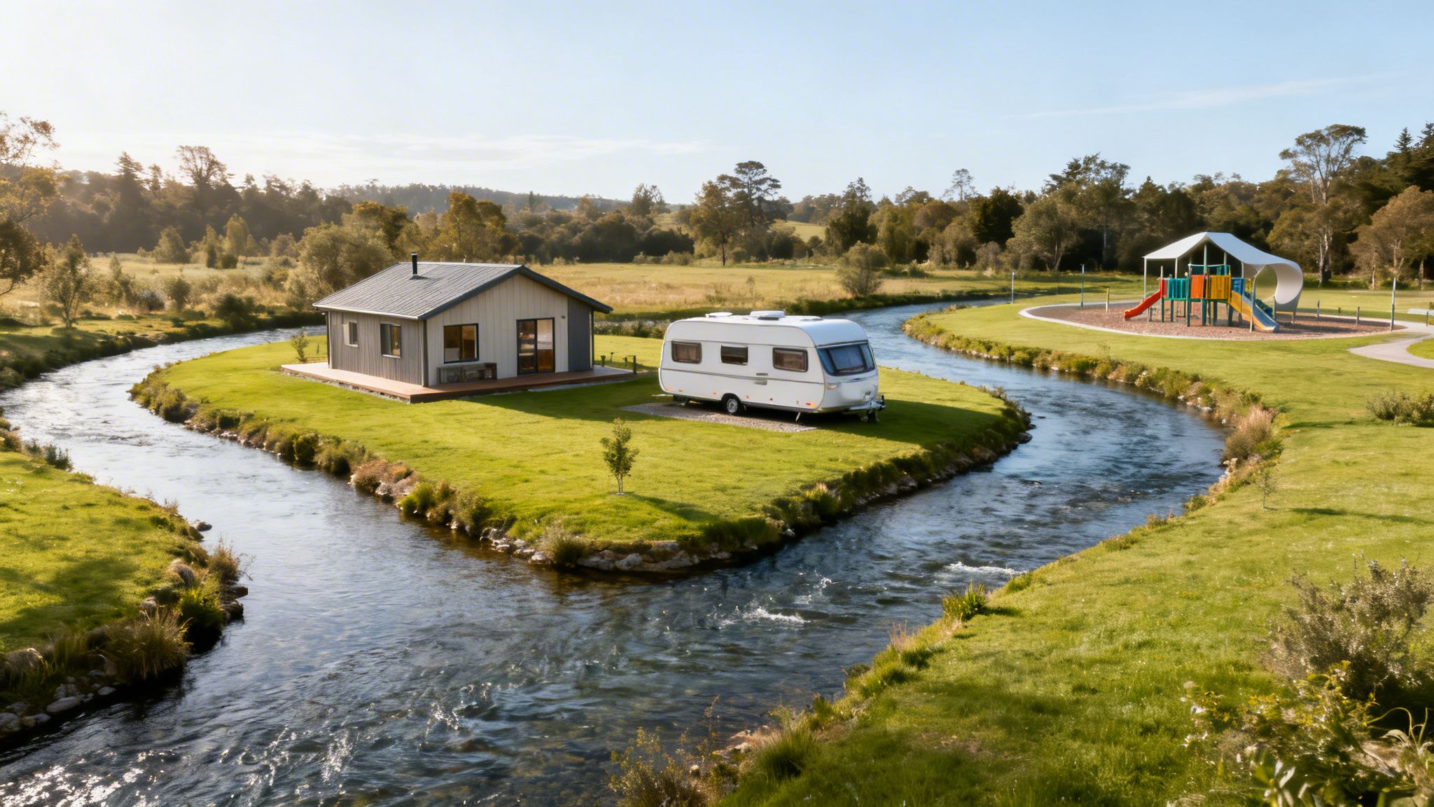 A picturesque river flows around a grassy island with a small house and caravan, near a playground.