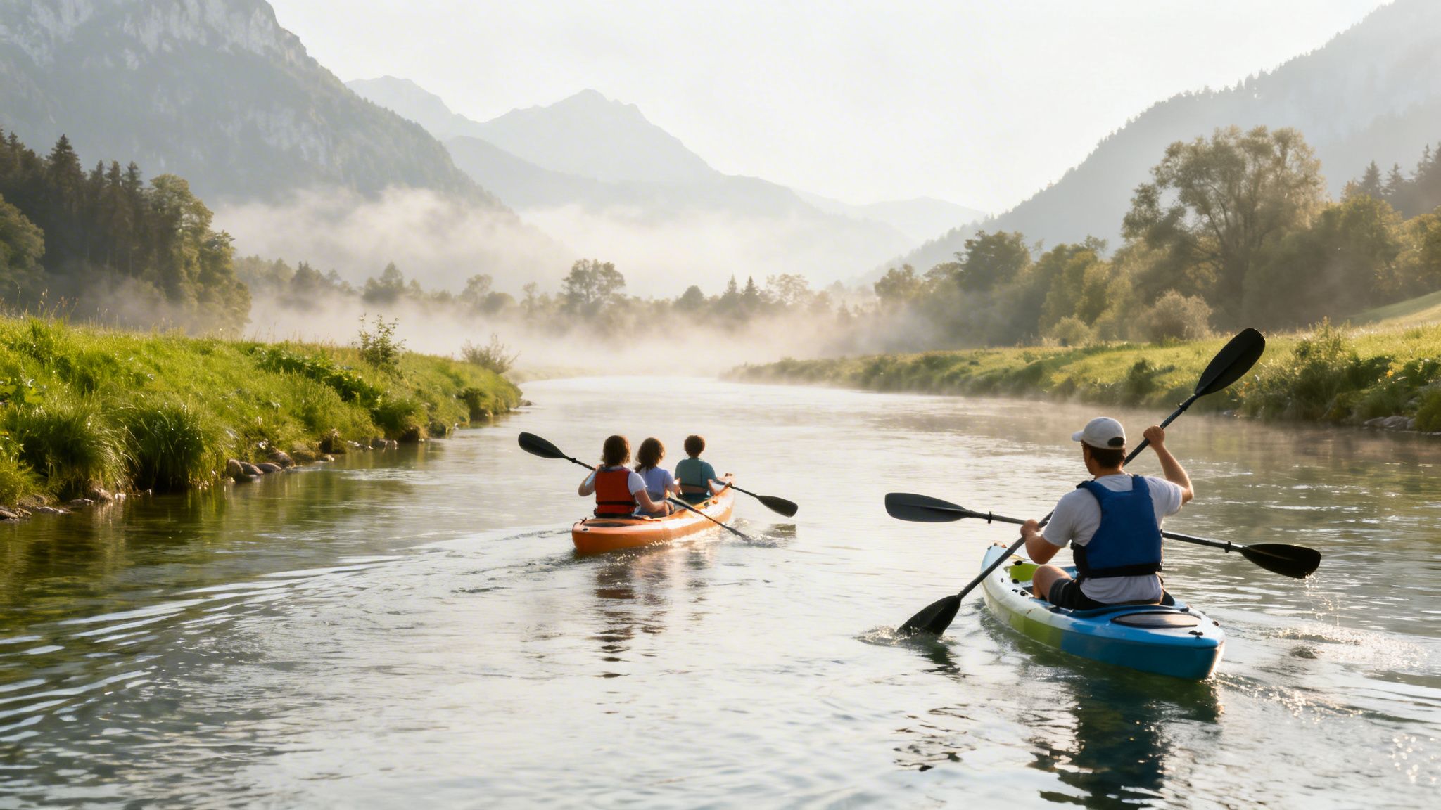 Family kayaking on a misty river with lush green banks and mountains at sunrise.