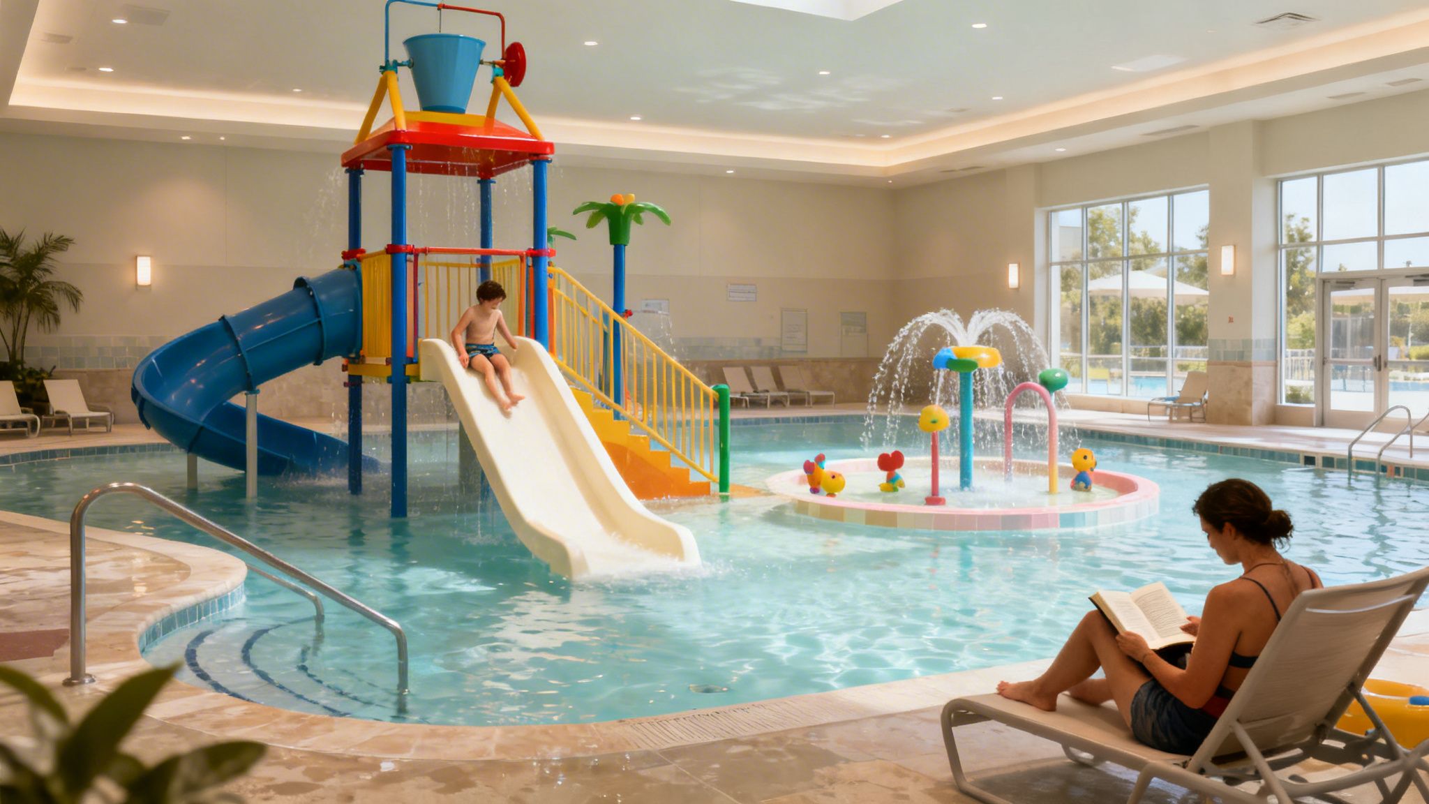 Indoor pool with a colorful water slide, splash pad, and a woman reading, perfect for family fun.