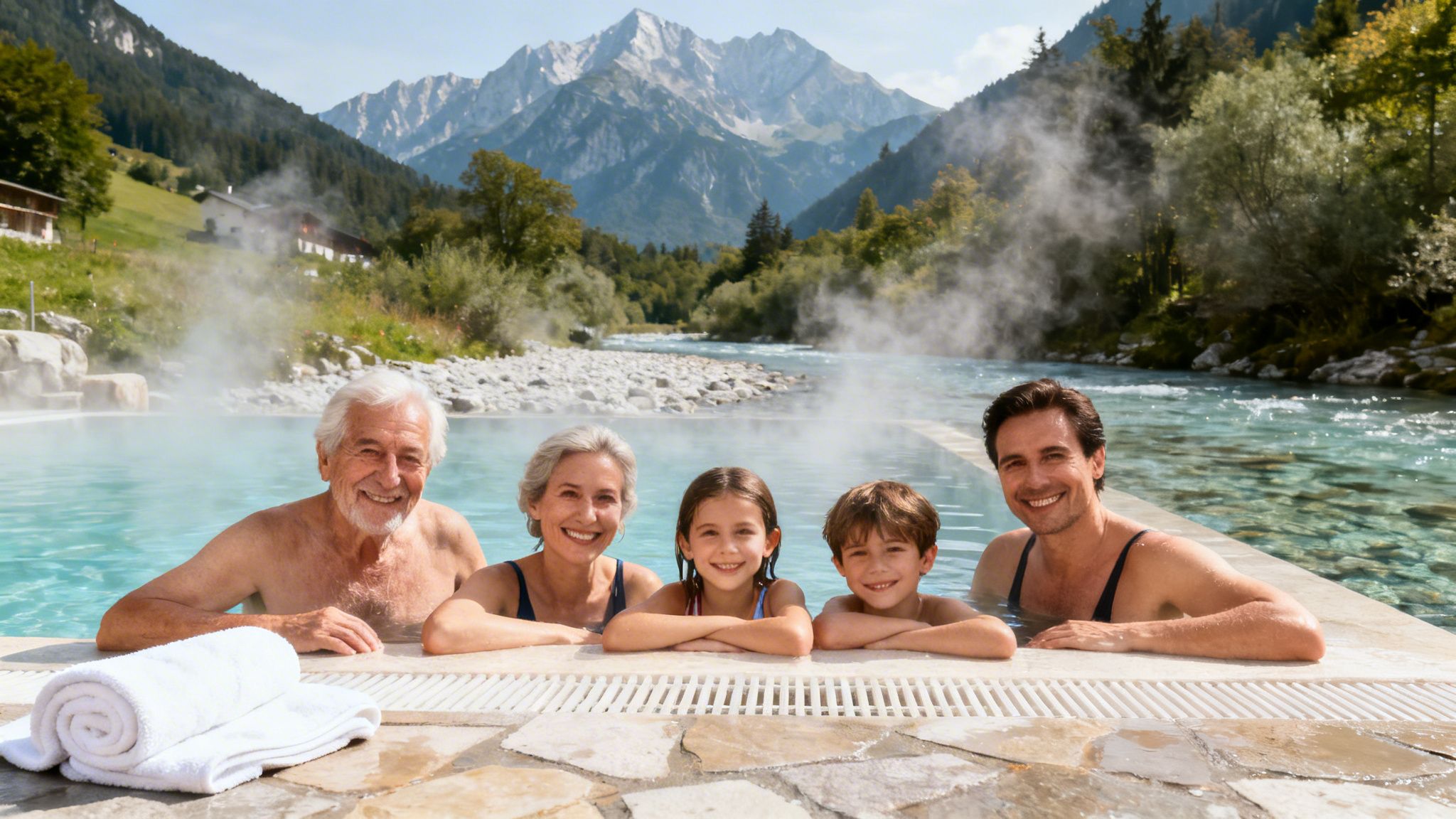 A happy multi-generational family smiles while relaxing in a steamy outdoor thermal pool with mountains.