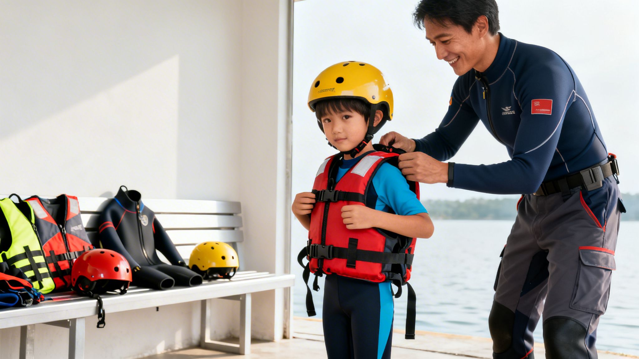 A man helps a young boy put on a red life vest and yellow helmet by the water, with gear on a bench.
