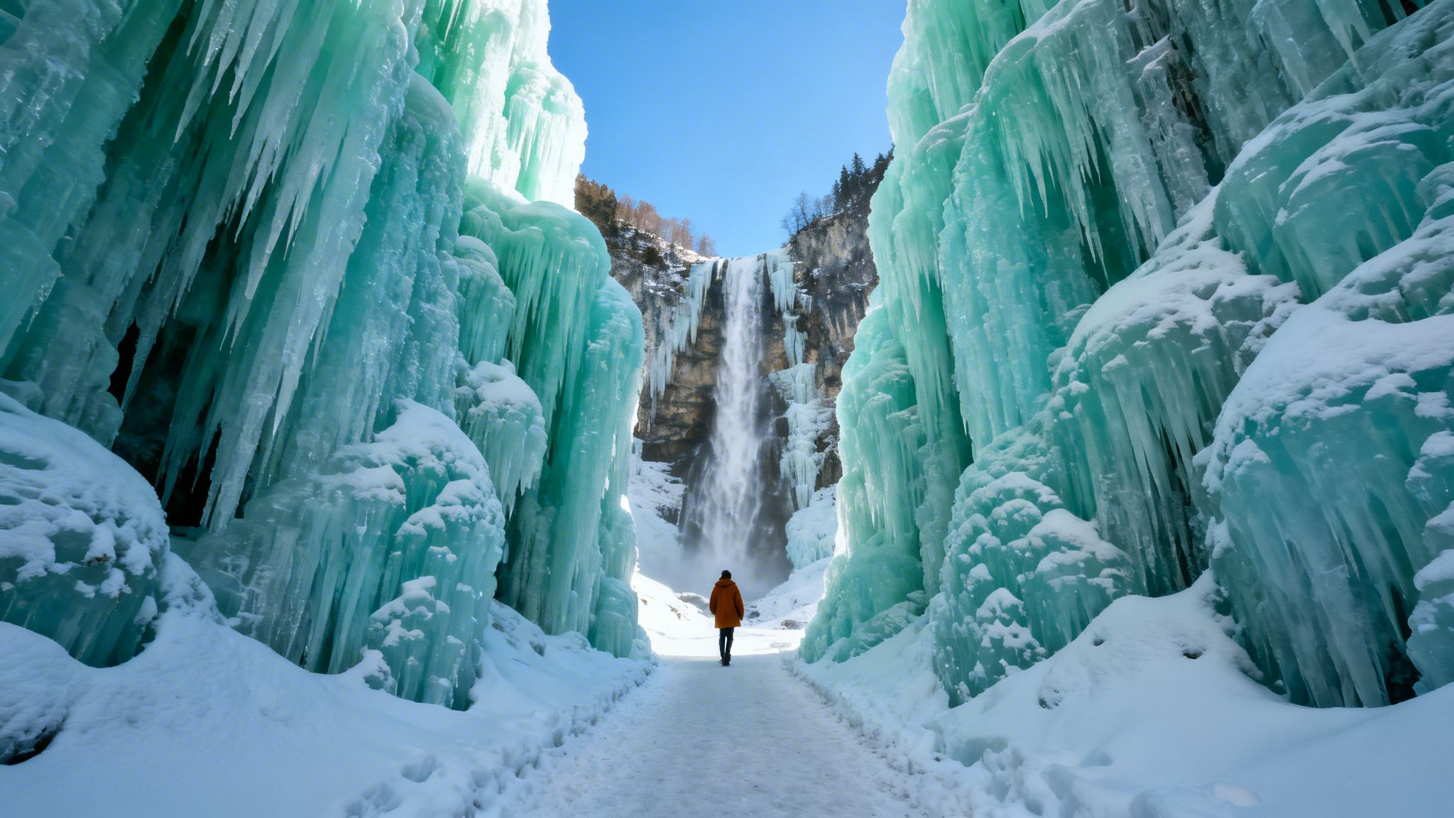 A person walks on a snowy path surrounded by beautiful blue ice formations towards a towering waterfall.