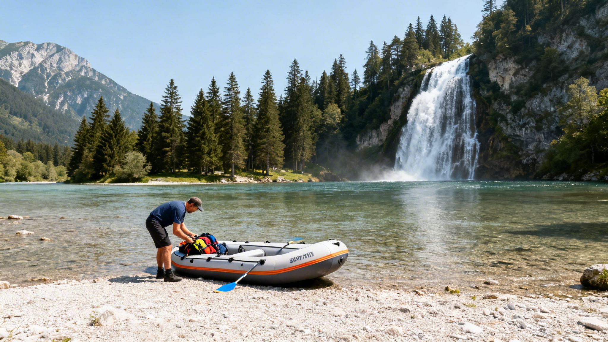 Man preparing an inflatable raft on a riverbank with a majestic waterfall and mountains in the background.