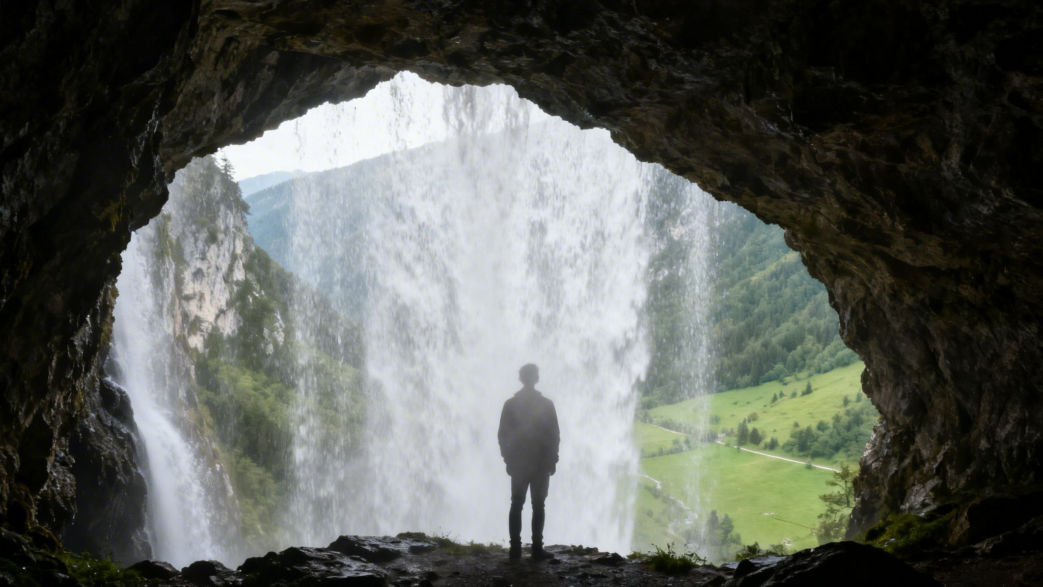A person stands silhouetted in a cave entrance, observing a magnificent waterfall and scenic valley.