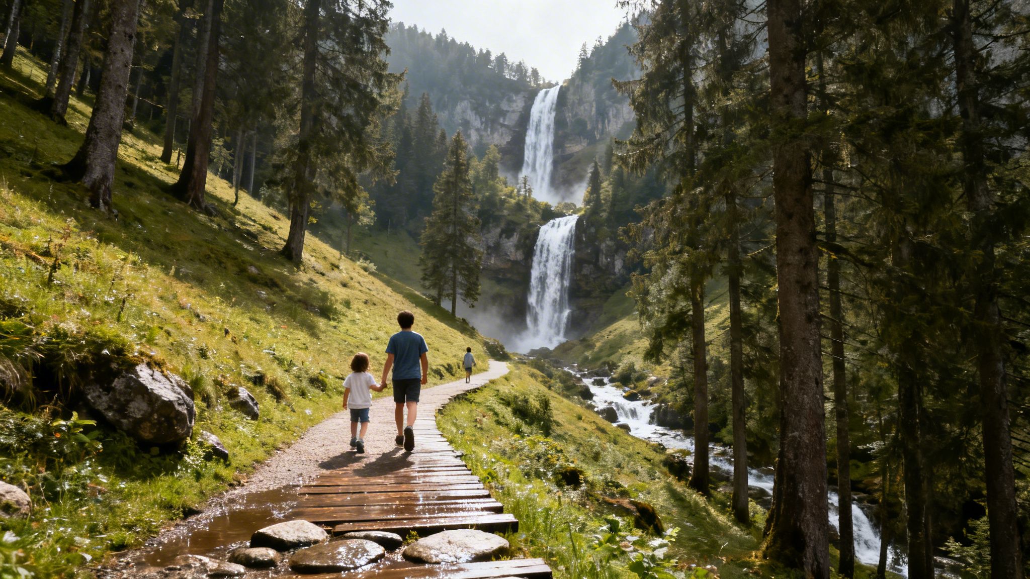 A family walks on a path through a lush green valley towards a majestic multi-tiered waterfall.