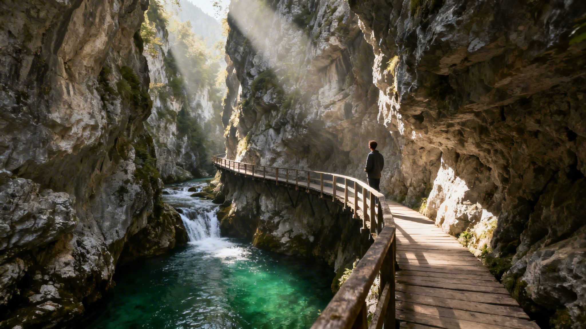 A person stands on a wooden boardwalk path alongside a turquoise river and waterfall in a sunlit gorge.
