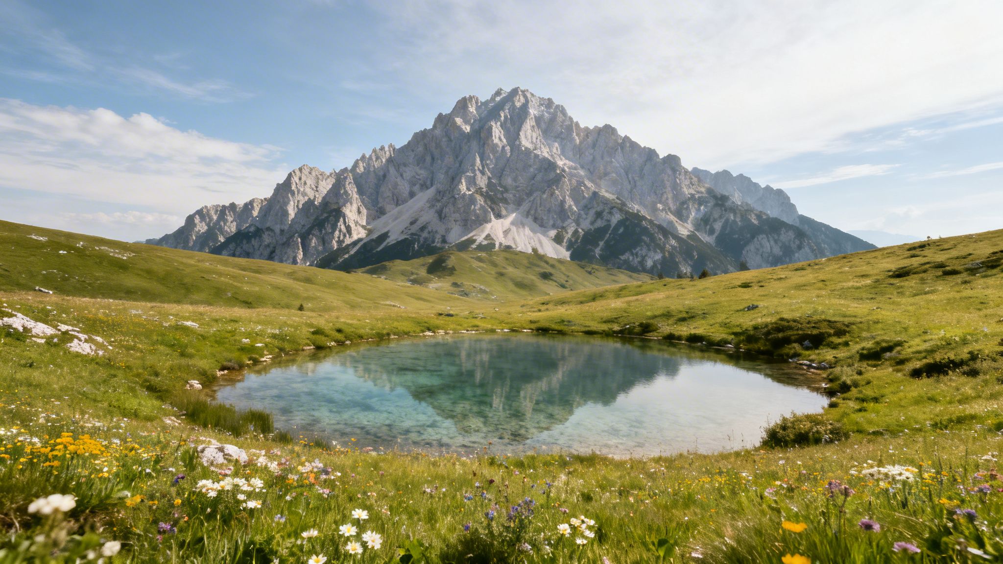 A serene mountain landscape featuring a clear lake reflecting majestic peaks, surrounded by a vibrant wildflower meadow.