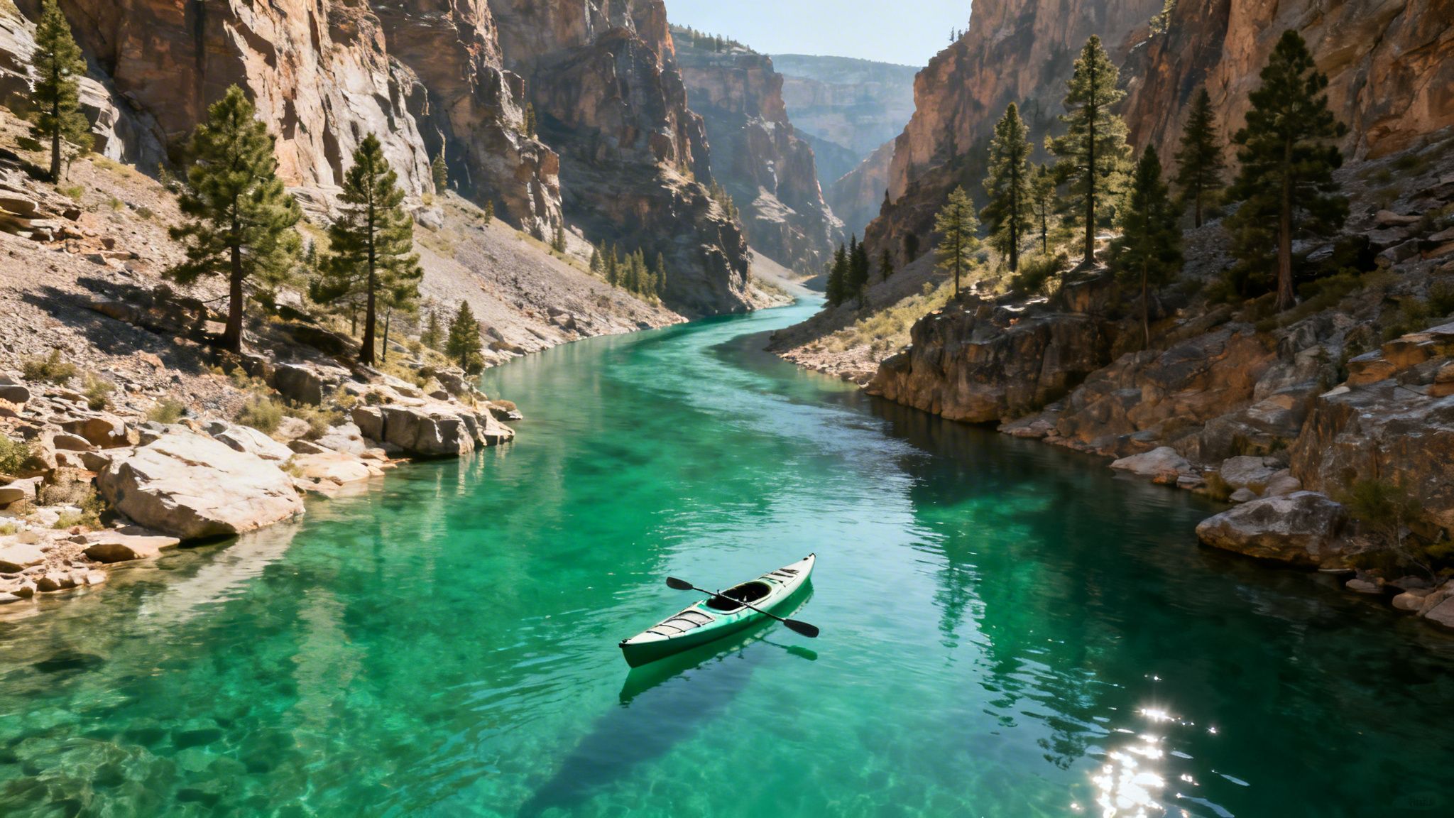 A vibrant turquoise river flows through a stunning canyon with rocky cliffs and pine trees, featuring a lone green kayak.