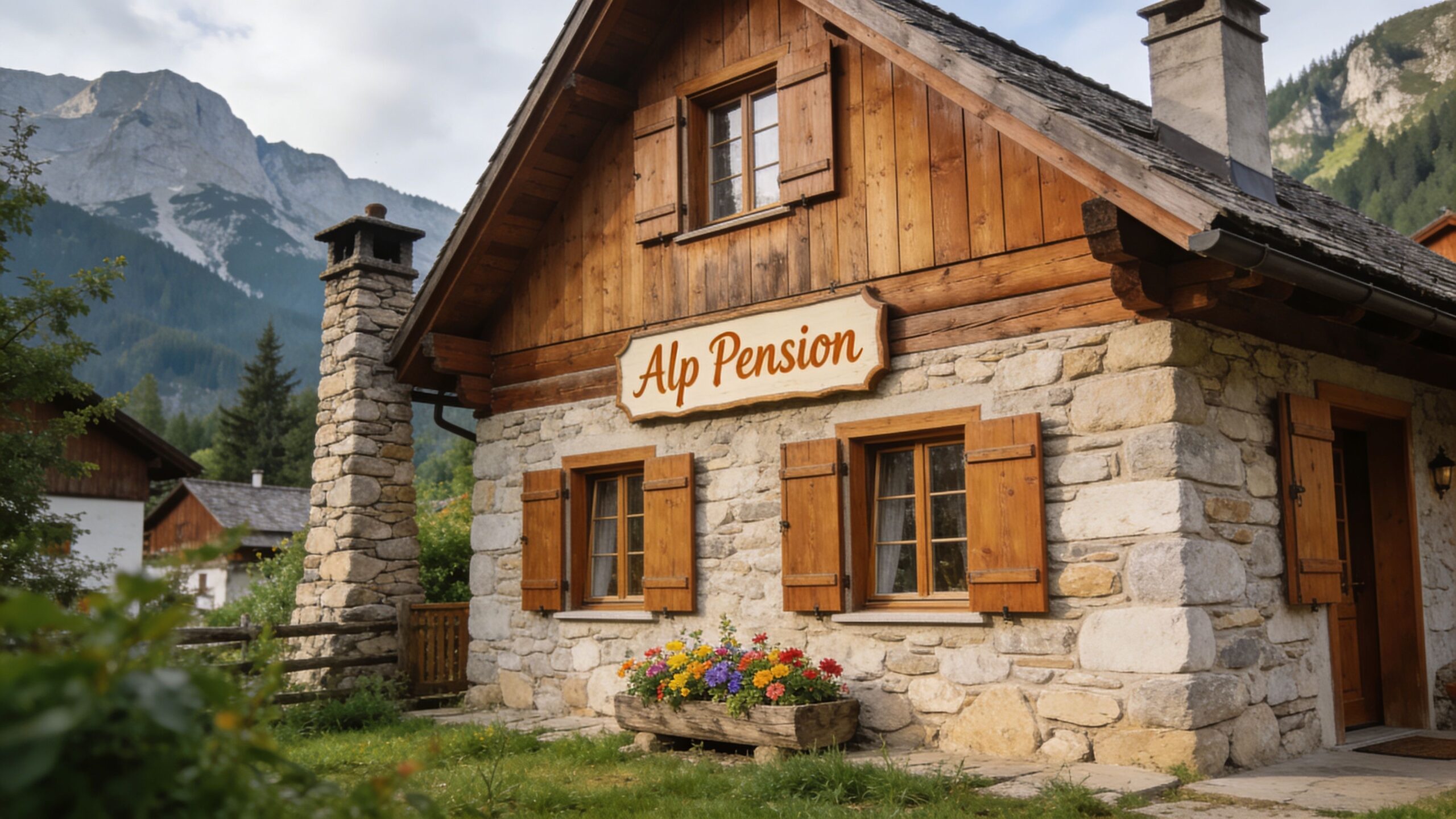 A rustic stone and wooden cottage named Alp Pension nestled in the scenic mountains of Slovenia.