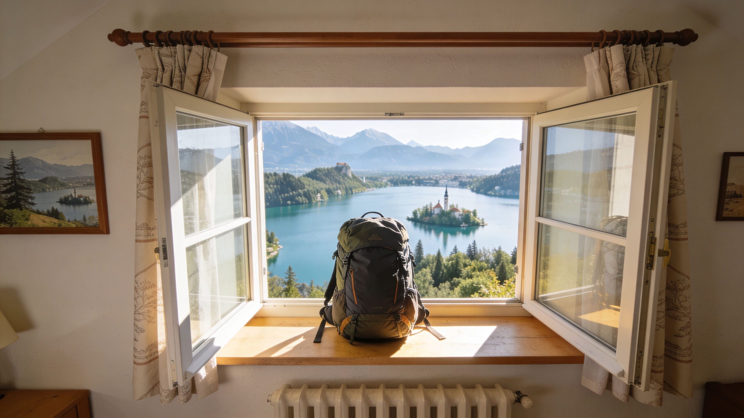 A travel backpack sits on a windowsill looking out at Lake Bled and its famous island church.