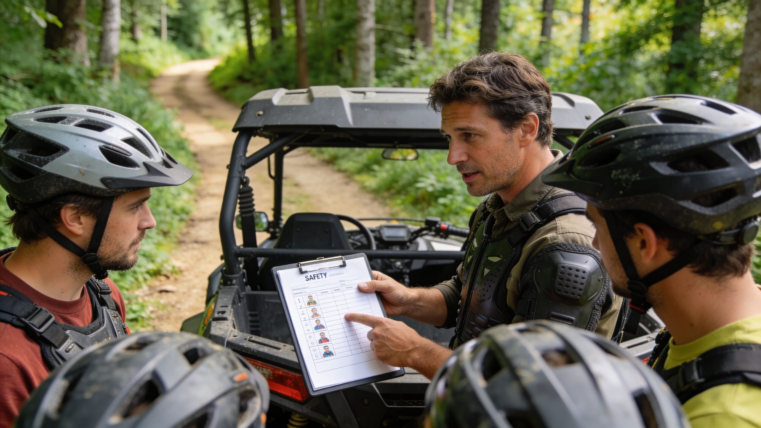 A professional guide shows safety checklist to group of ATV riders before their off-road tour in forest