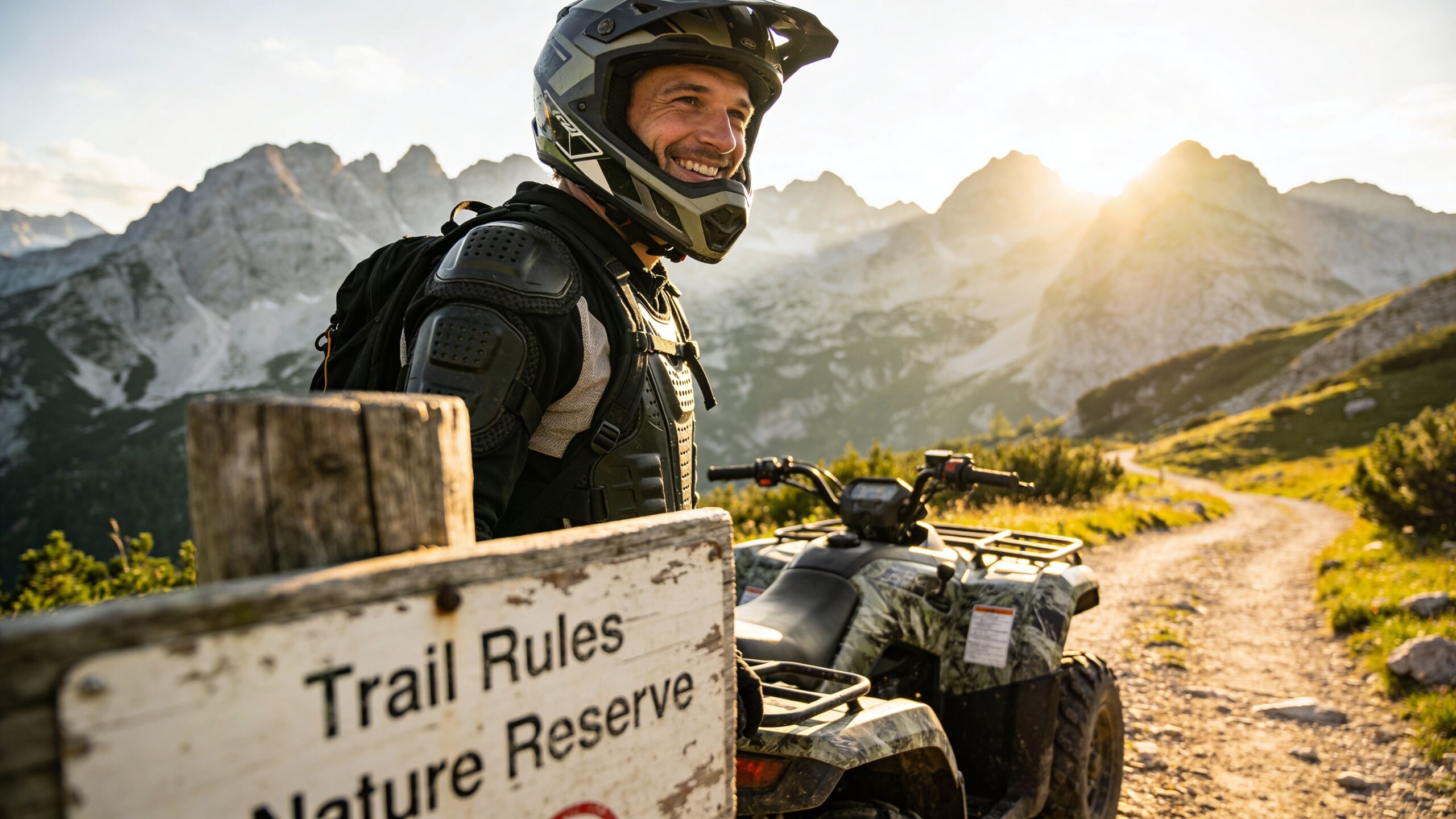 A smiling man wearing protective motocross gear and a helmet sits on an ATV in mountain scenery.