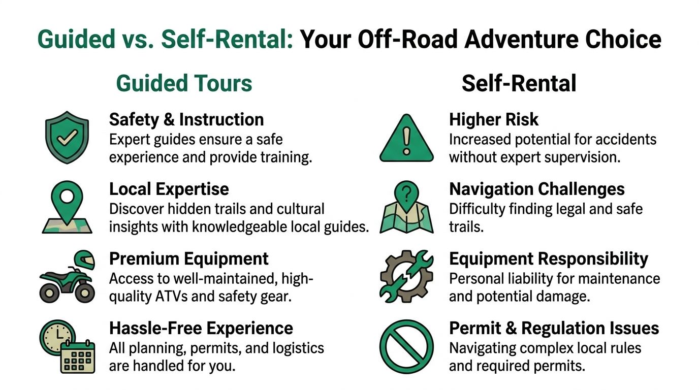 A comparison chart outlining the pros of guided ATV tours versus the cons of self-rental experiences.