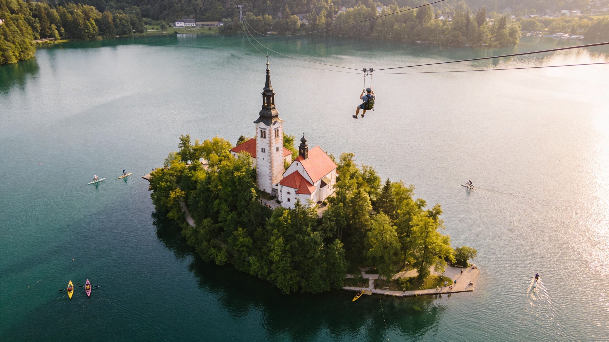 A person zip-lining over Lake Bled toward the iconic church on the island at sunset.