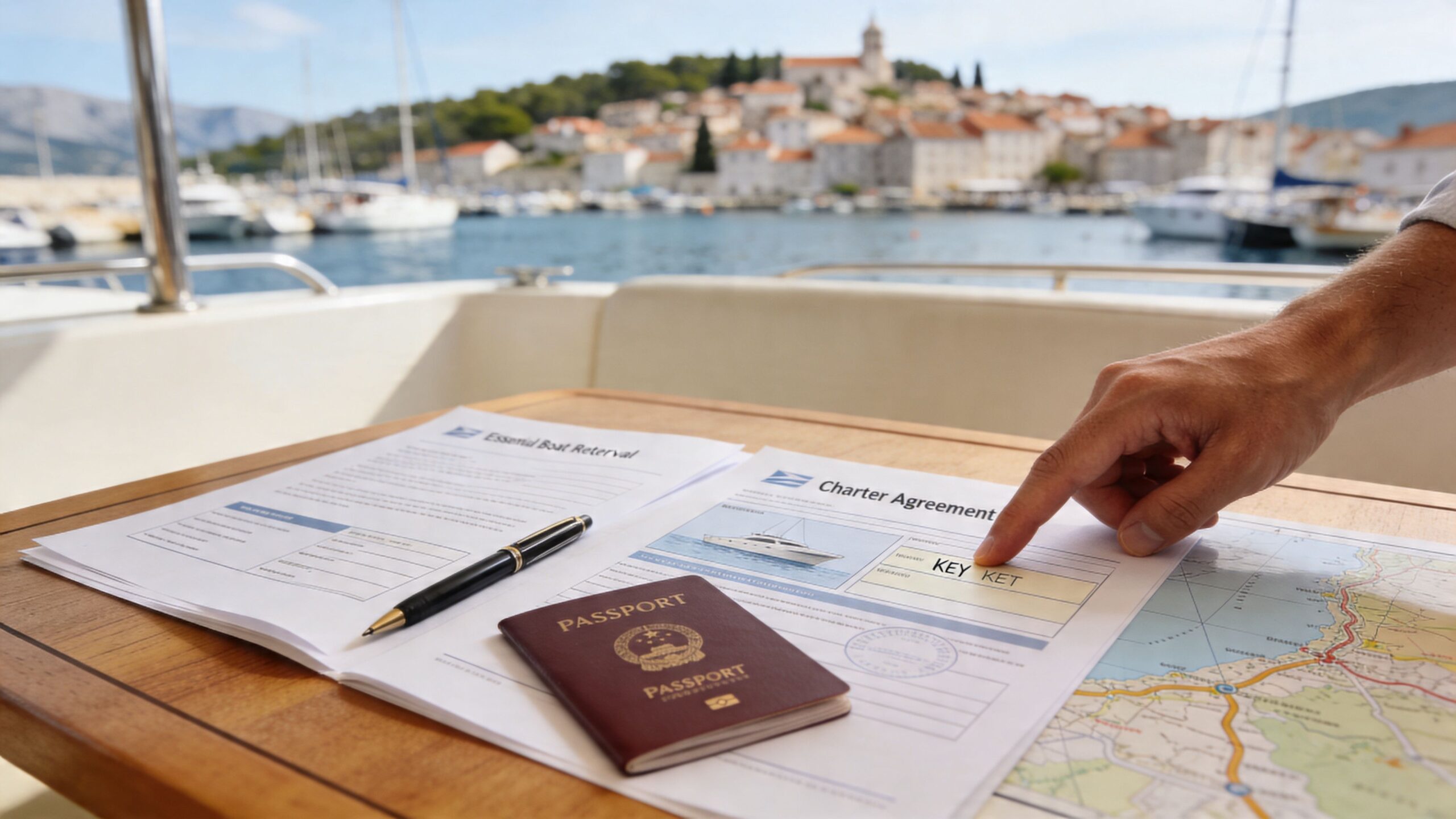 A person signing a boat charter agreement with a passport on a table overlooking a harbor.