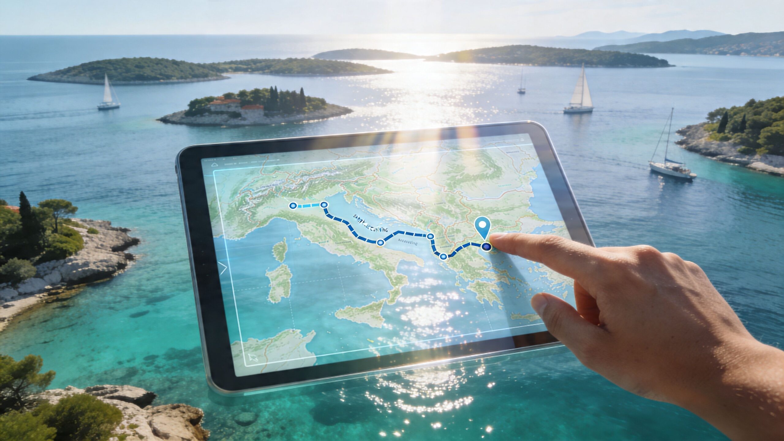 A hand touching a digital map displayed on a tablet featuring a travel route in Croatia.