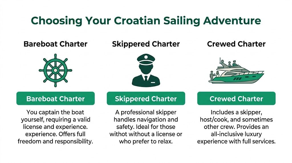 A graphic comparing three types of sailing experiences in Croatia: bareboat, skippered, and crewed yacht charters.