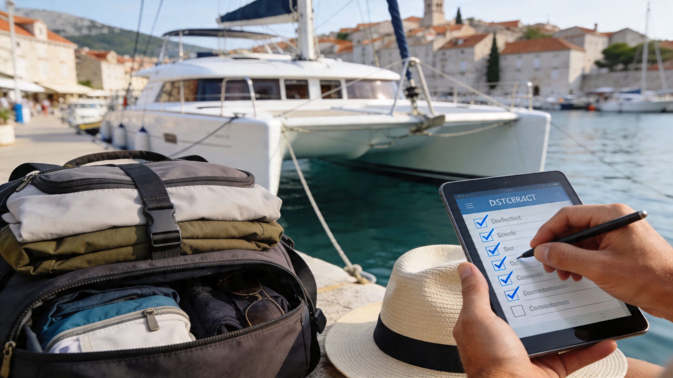 A person checking a digital checklist on a tablet while packing for a boat trip in Croatia.