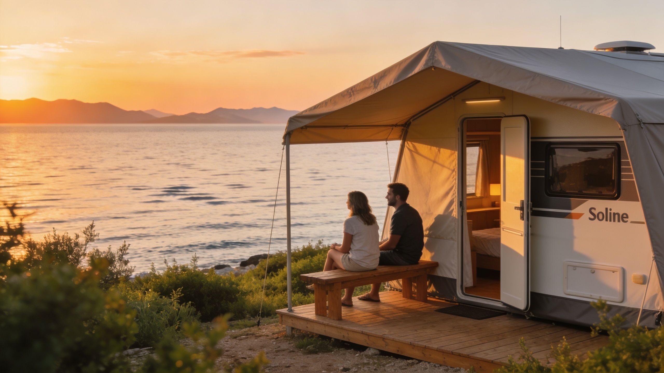 A couple sits on a wooden bench outside a Soline camper tent overlooking the ocean at sunset.