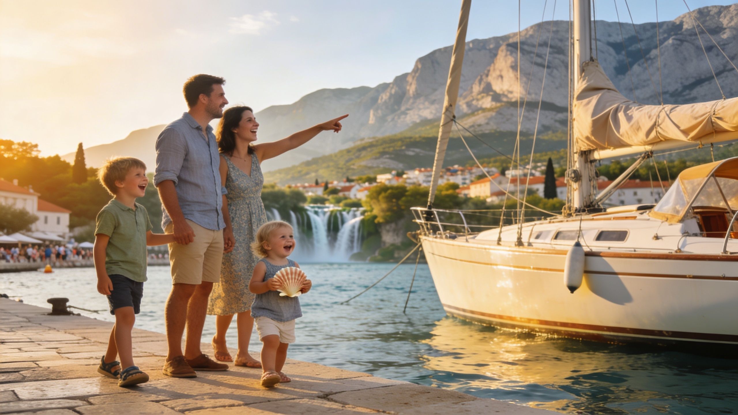 A happy family standing on a dock next to a boat pointing at a beautiful waterfall scenery