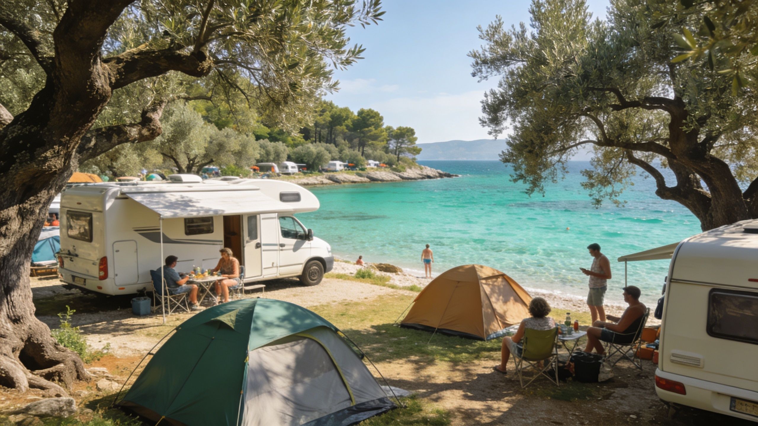 A scenic seaside campground featuring campers, tents, and people relaxing by the turquoise Mediterranean water.