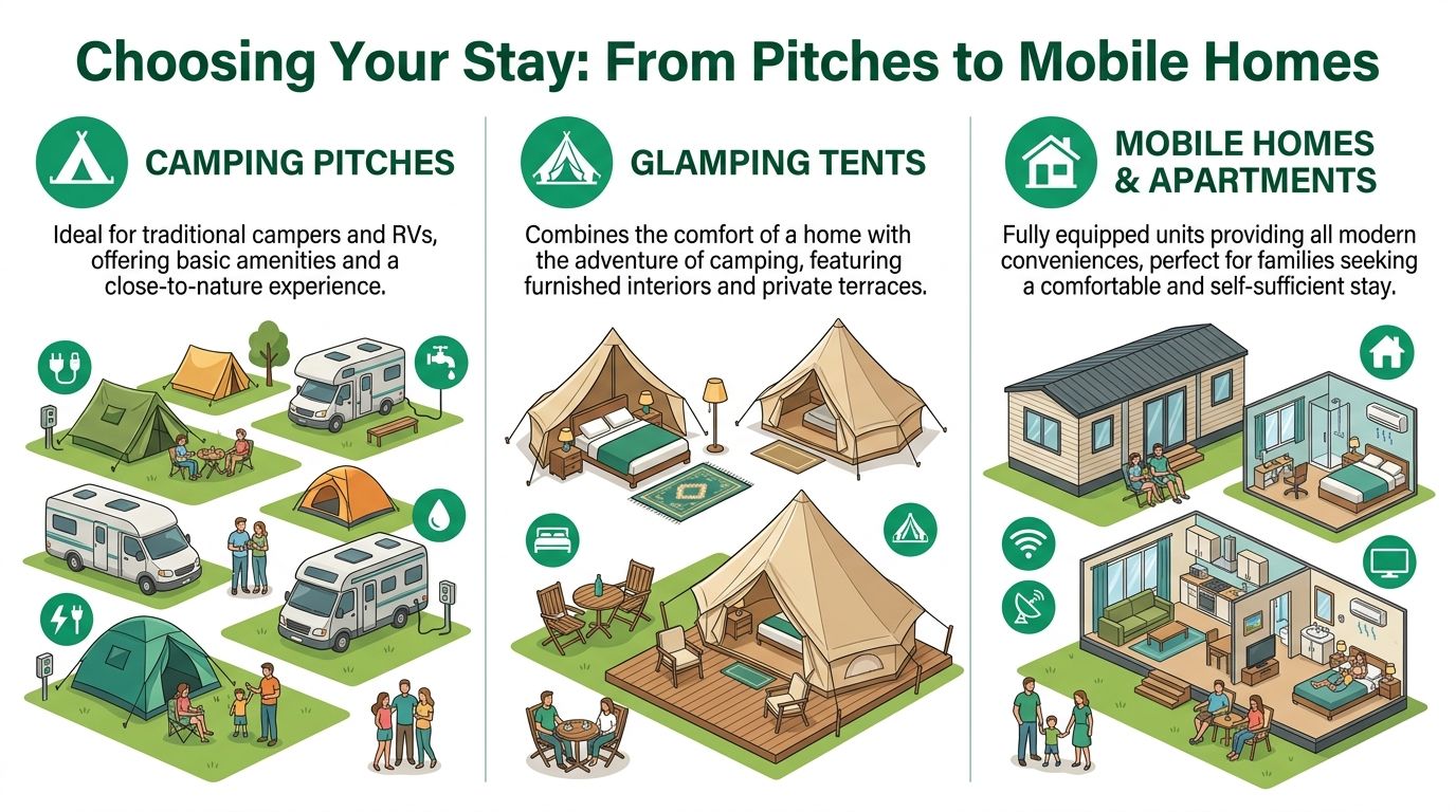 An infographic illustrating various accommodation options at Camping Stella Maris, including pitches, glamping, and mobile homes.