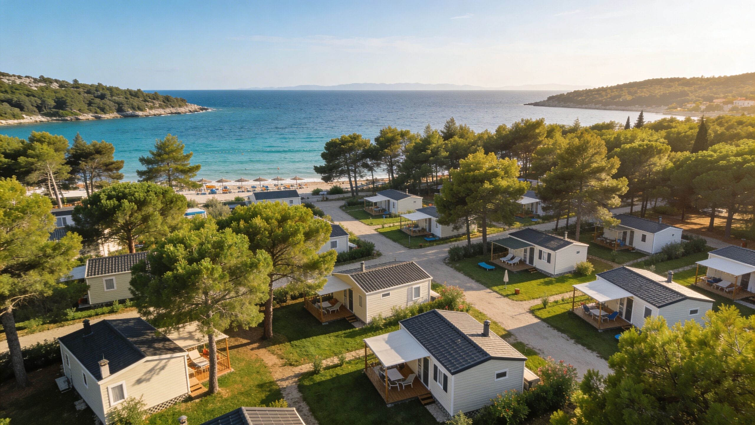 Aerial view of a coastal camping resort with mobile homes nestled among trees overlooking the ocean.