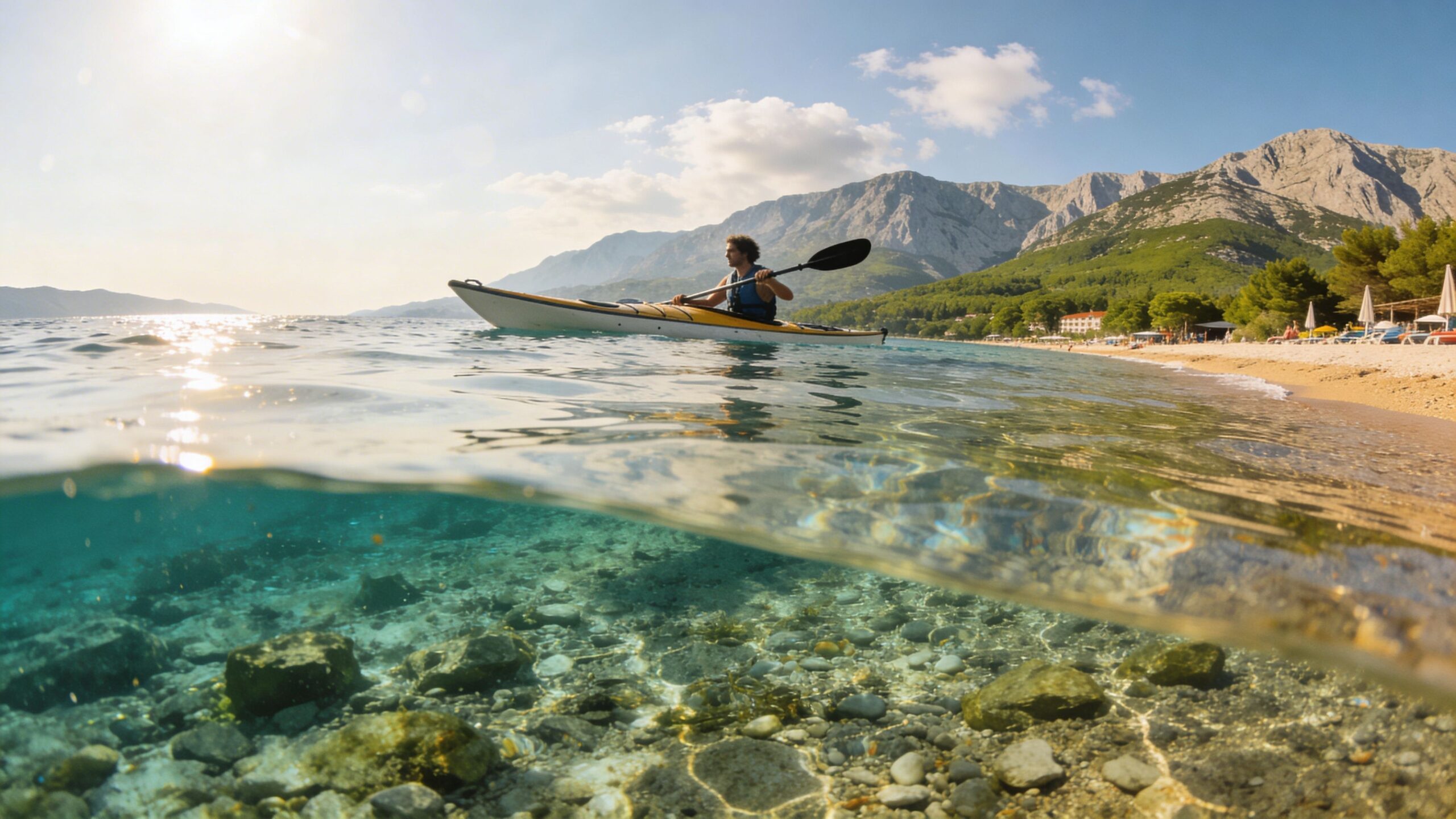 A man kayaking in clear blue water along a scenic pebble beach with mountains in the background
