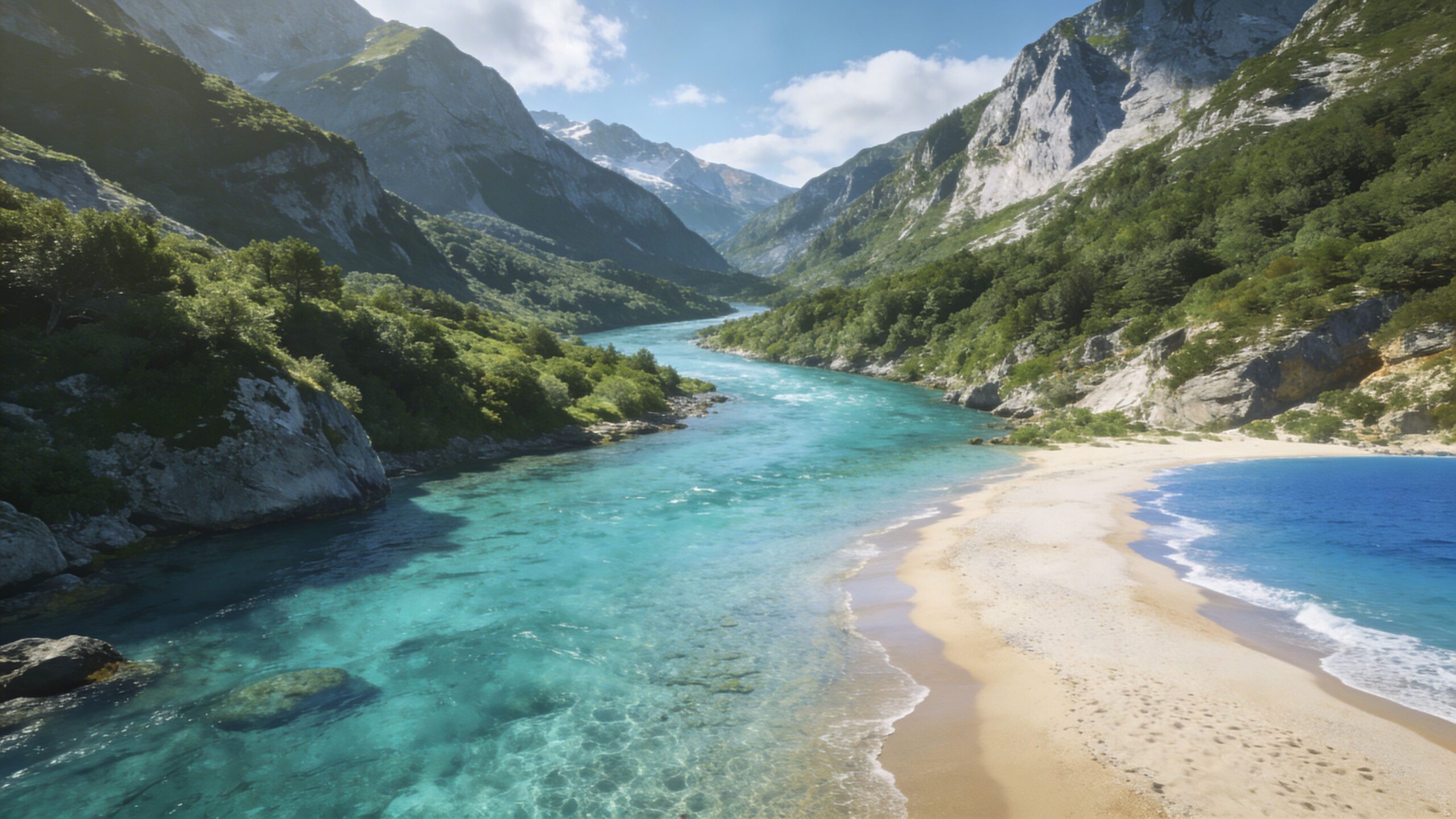 A breathtaking turquoise river winds through a lush mountain valley toward a pristine sandy beach.