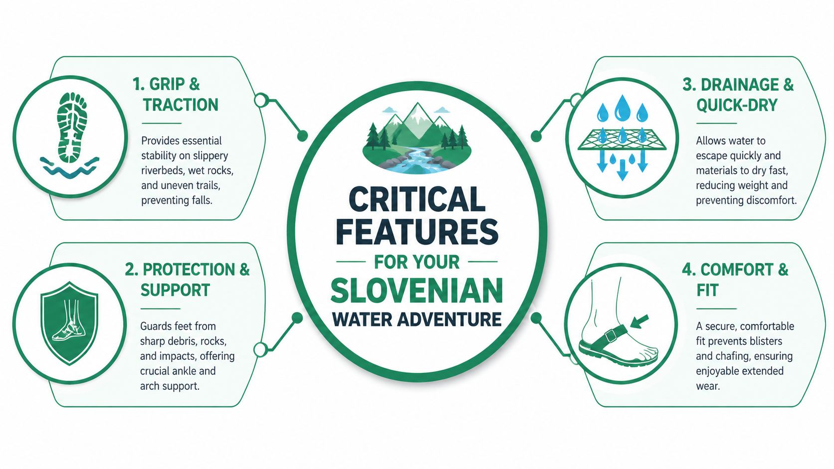 An infographic detailing four essential features for footwear to be used during water adventures in Slovenia.
