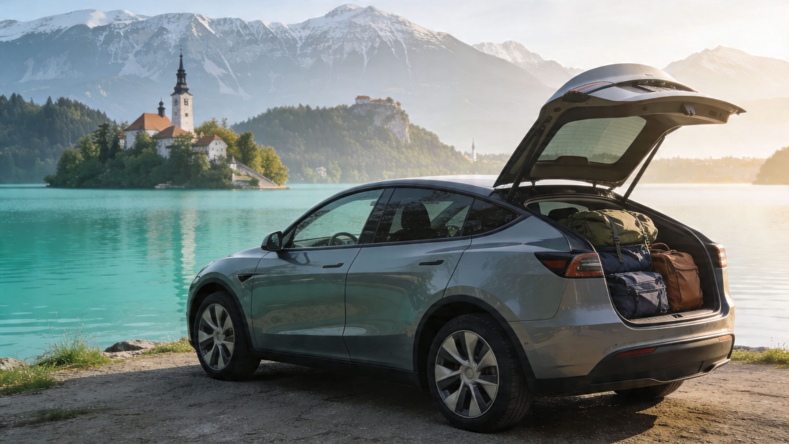 A silver electric car with an open trunk packed with travel bags parked by a scenic lake.