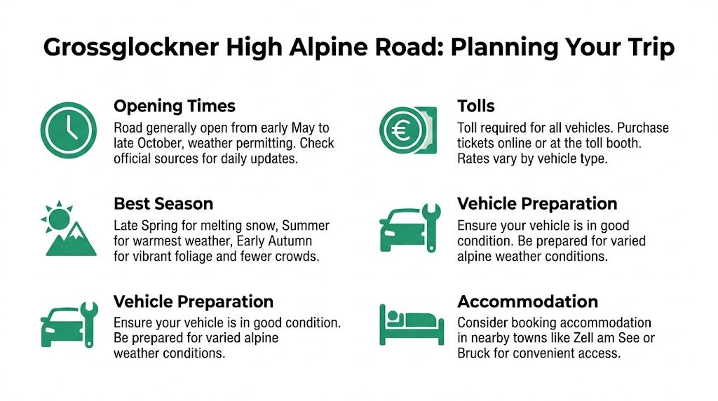 A travel planning infographic for the Grossglockner High Alpine Road showing opening times, tolls, seasons, and advice.