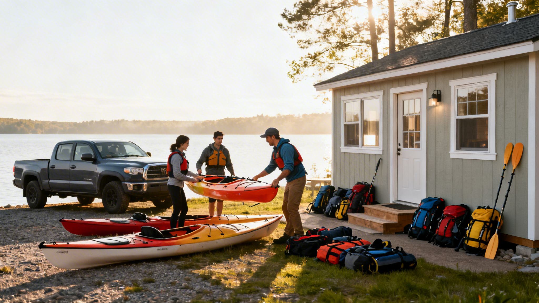 Three friends prepare colorful kayaks by a serene lake, with a truck and cabin in the background.