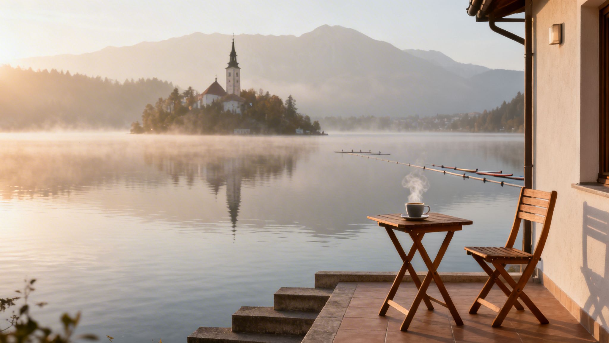 A misty morning view of Lake Bled with the island church, mountains, and a steaming cup of coffee on a terrace.