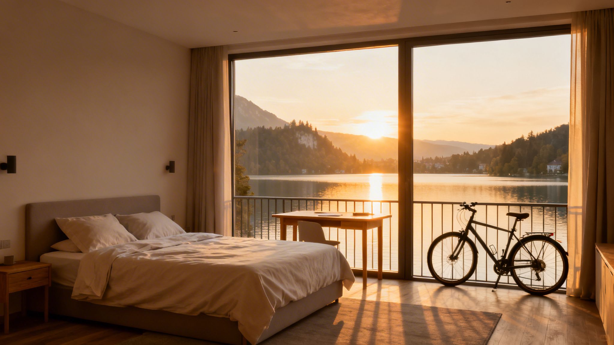Cozy bedroom with a panoramic lake and mountain view at sunset, featuring a bicycle.