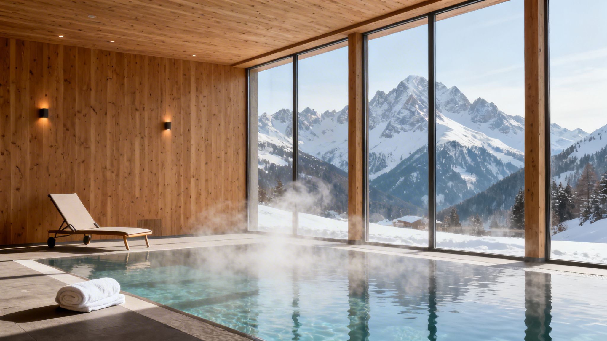 Indoor pool with steaming water, a lounge chair, and large windows revealing snowy mountains.