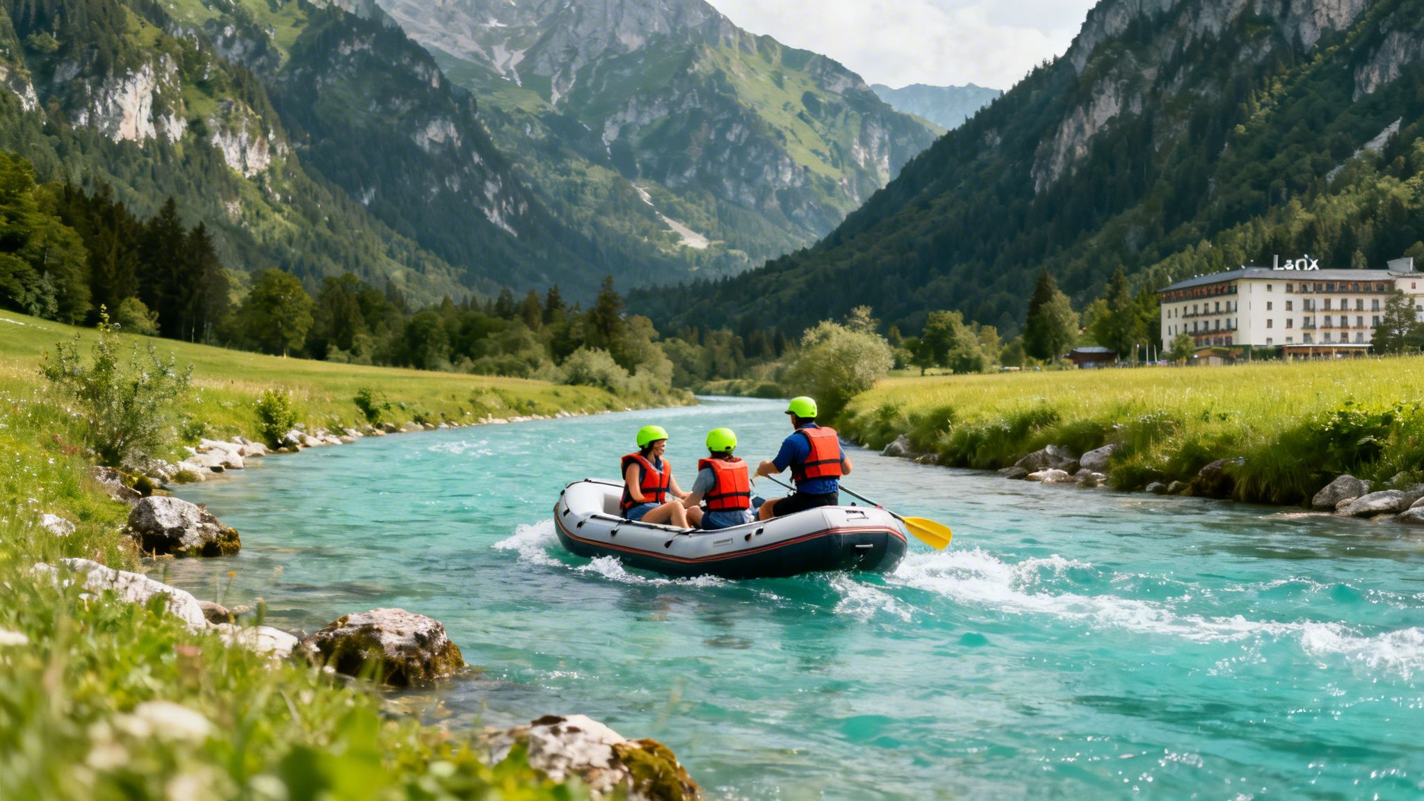 Three people in a raft on a bright blue river, with mountains and Hotel Larix.