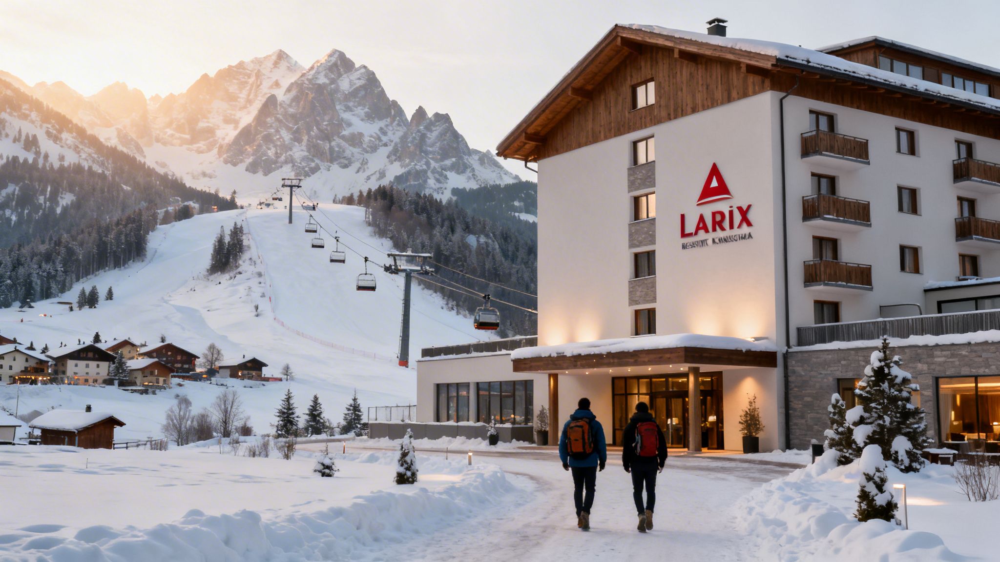 Two people walk towards Hotel Larix in a snowy mountain ski resort with a chairlift and sunlit peaks.