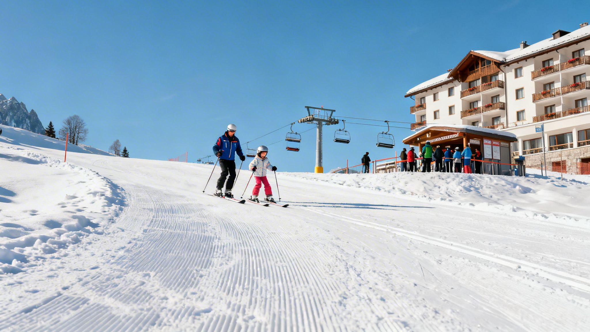 Man and child skiing down a groomed slope at a sunny ski resort with a hotel and ski lift.