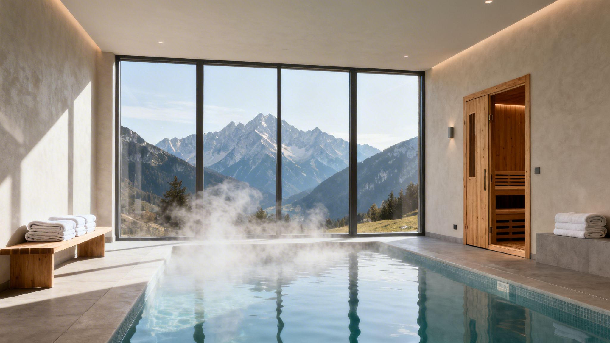 A luxurious indoor pool and sauna with stunning mountain views through a large window.
