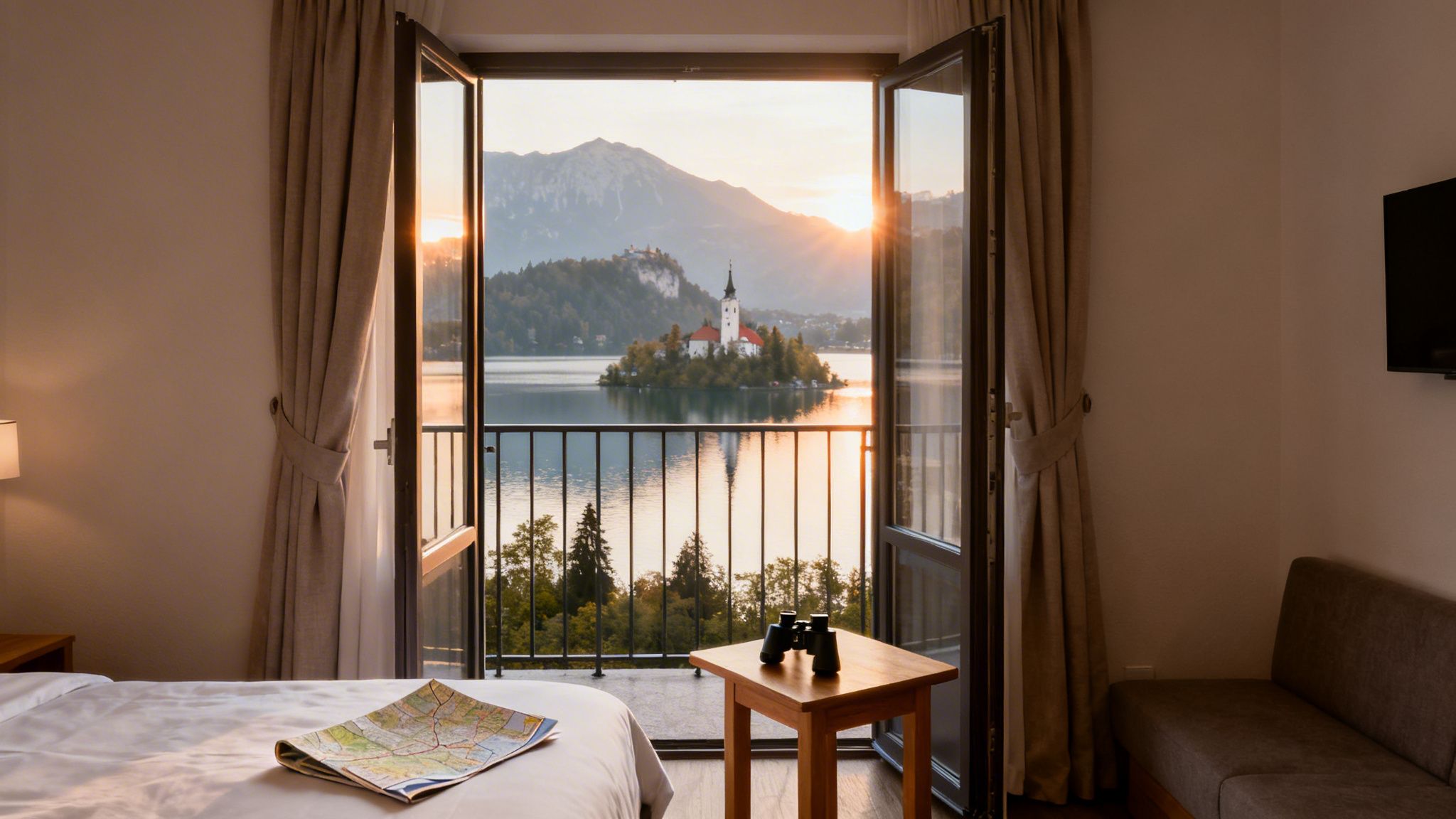 A hotel room with an open balcony overlooking Lake Bled, Slovenia, at sunset, showing Bled Island with its church.
