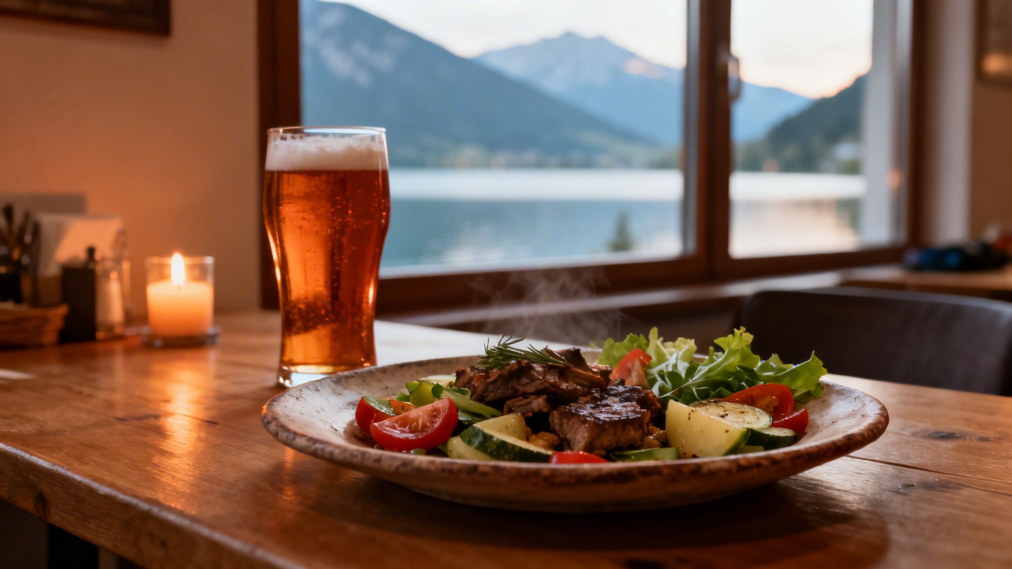 Steaming steak and fresh salad with beer and a candle on a wooden table overlooking a lake.