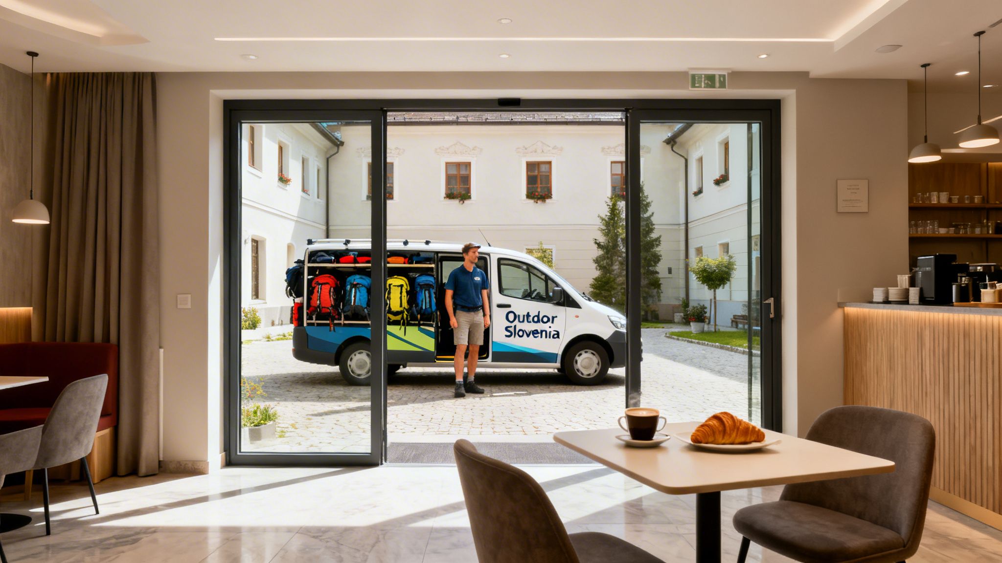 Man stands by a 'Outdoor Slovenia' van with backpacks, viewed from a modern hotel lobby with breakfast.