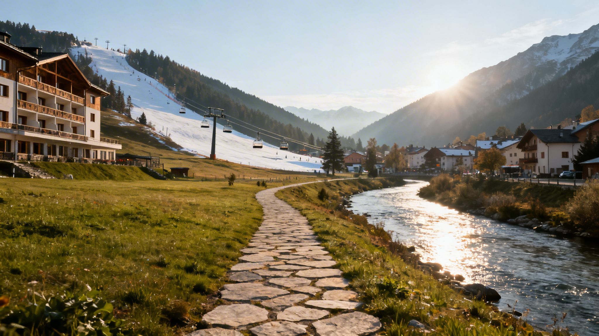 A sunlit mountain valley with a river, a village, a ski slope, a hotel, and a stone path.