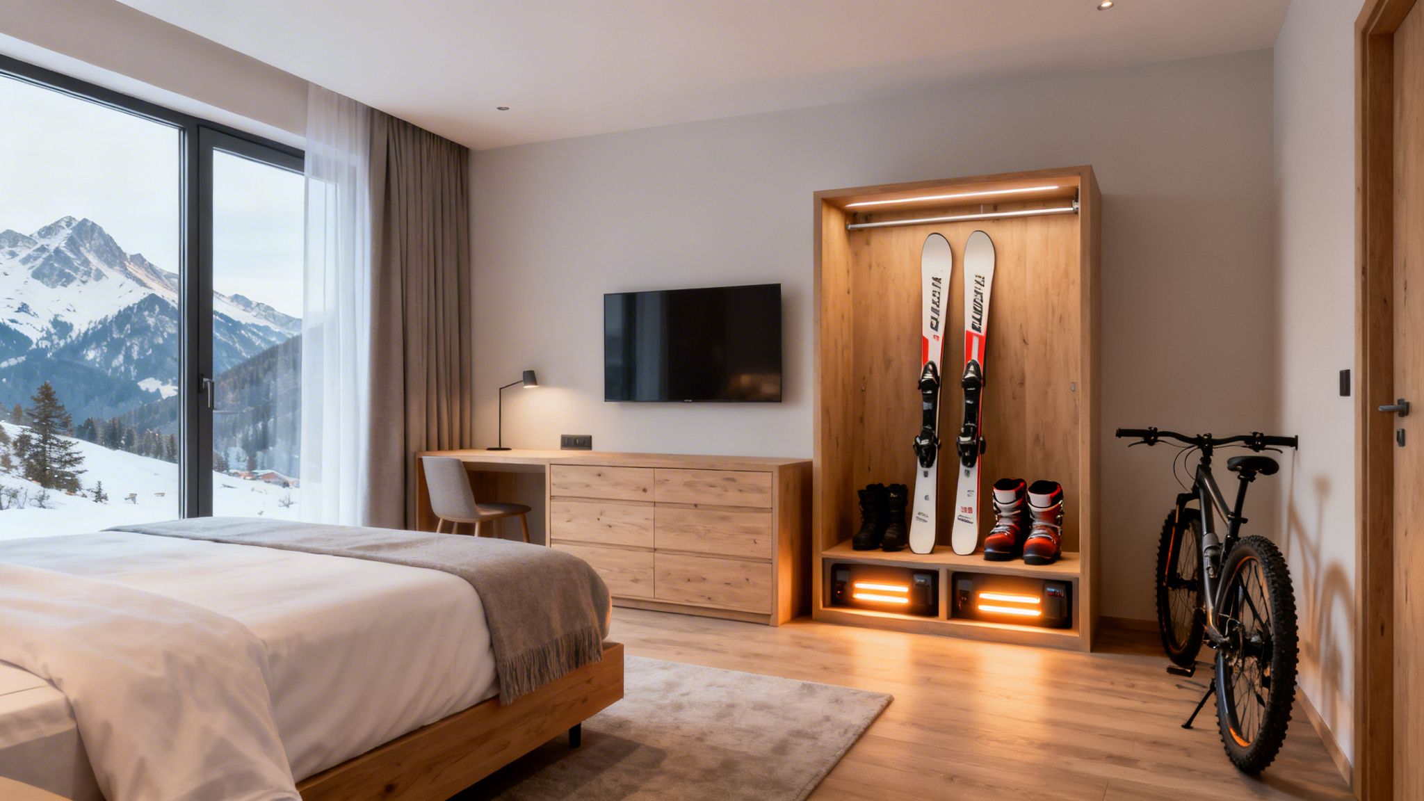 Luxurious hotel room with a stunning snowy mountain view, ski equipment storage, and a bike.
