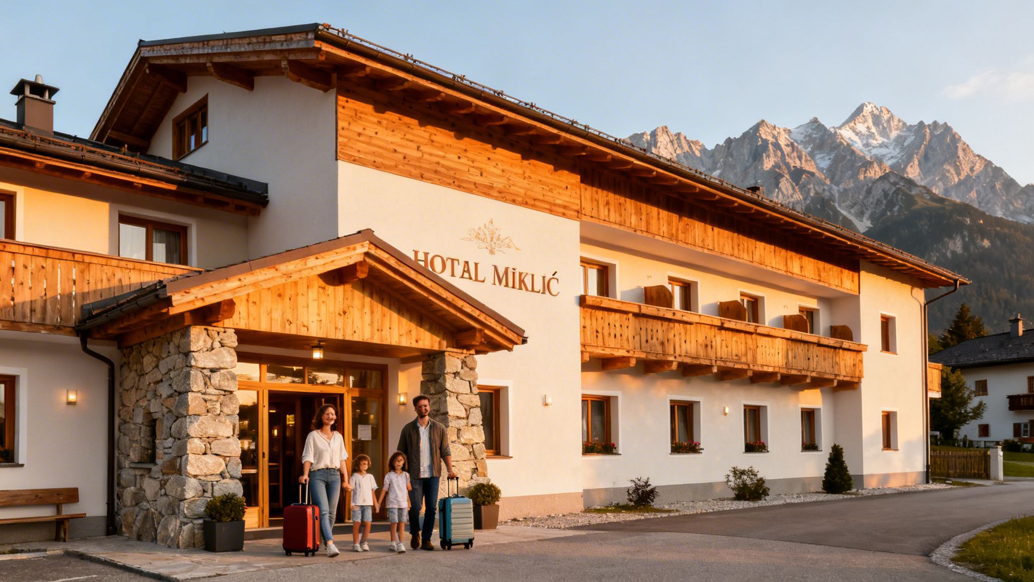 A family with children and luggage stands outside Hotel Miklic in the beautiful mountains.