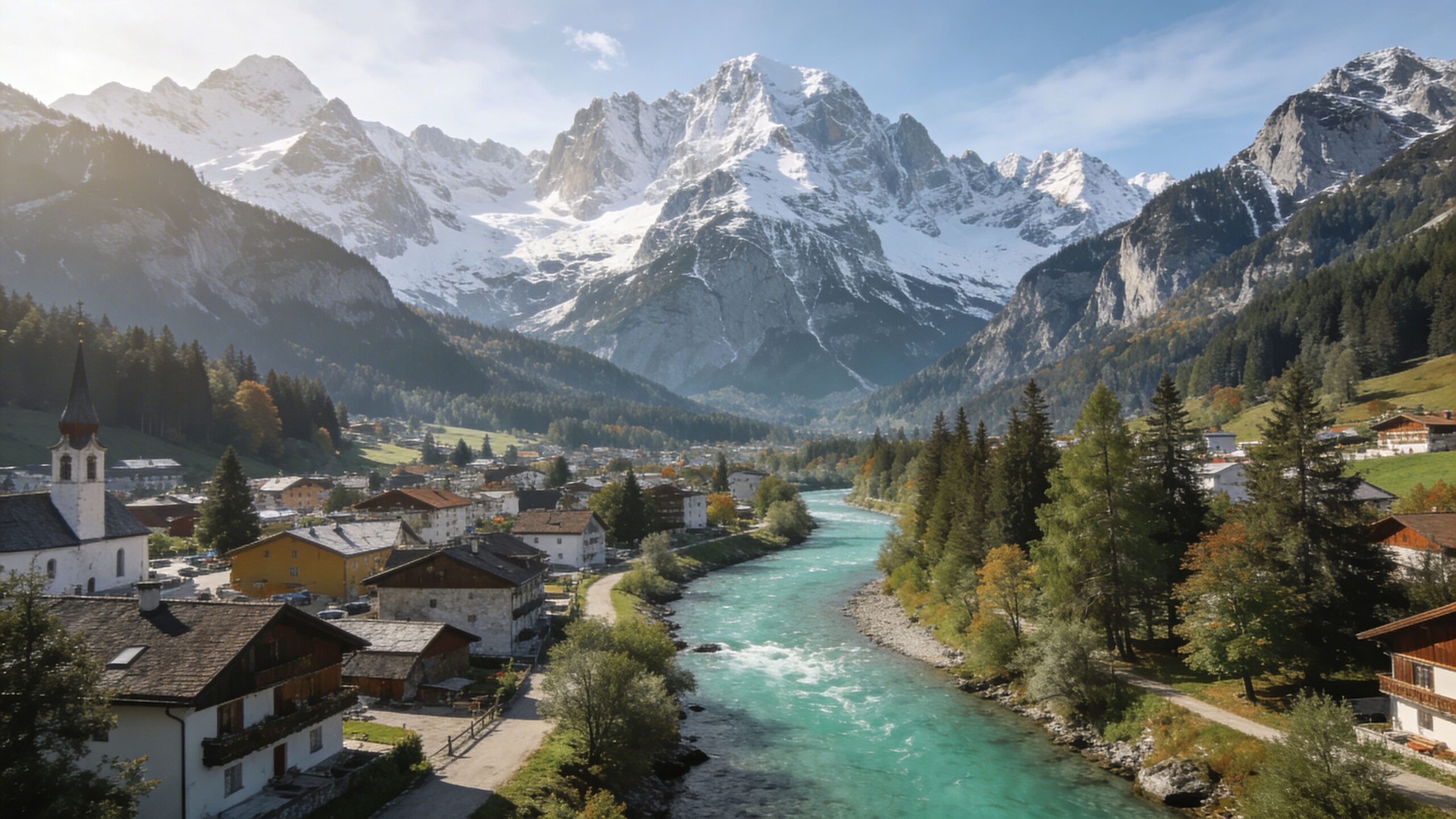 A picturesque alpine village nestled along a turquoise river beneath towering, snow-capped rocky mountain peaks.