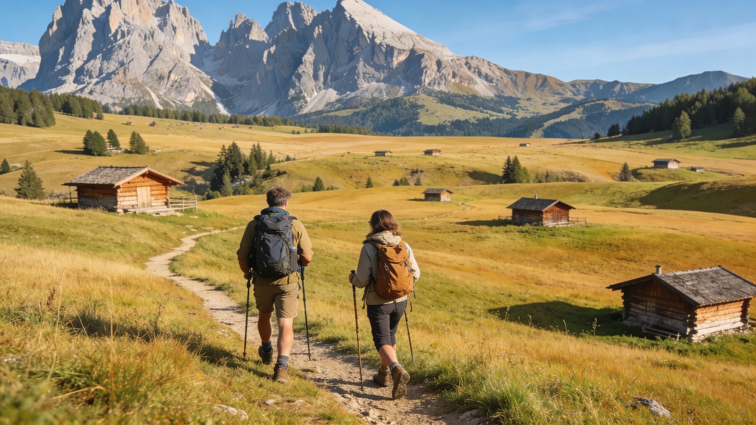 A couple hiking on a scenic dirt trail through the grassy meadow toward rugged mountain peaks.