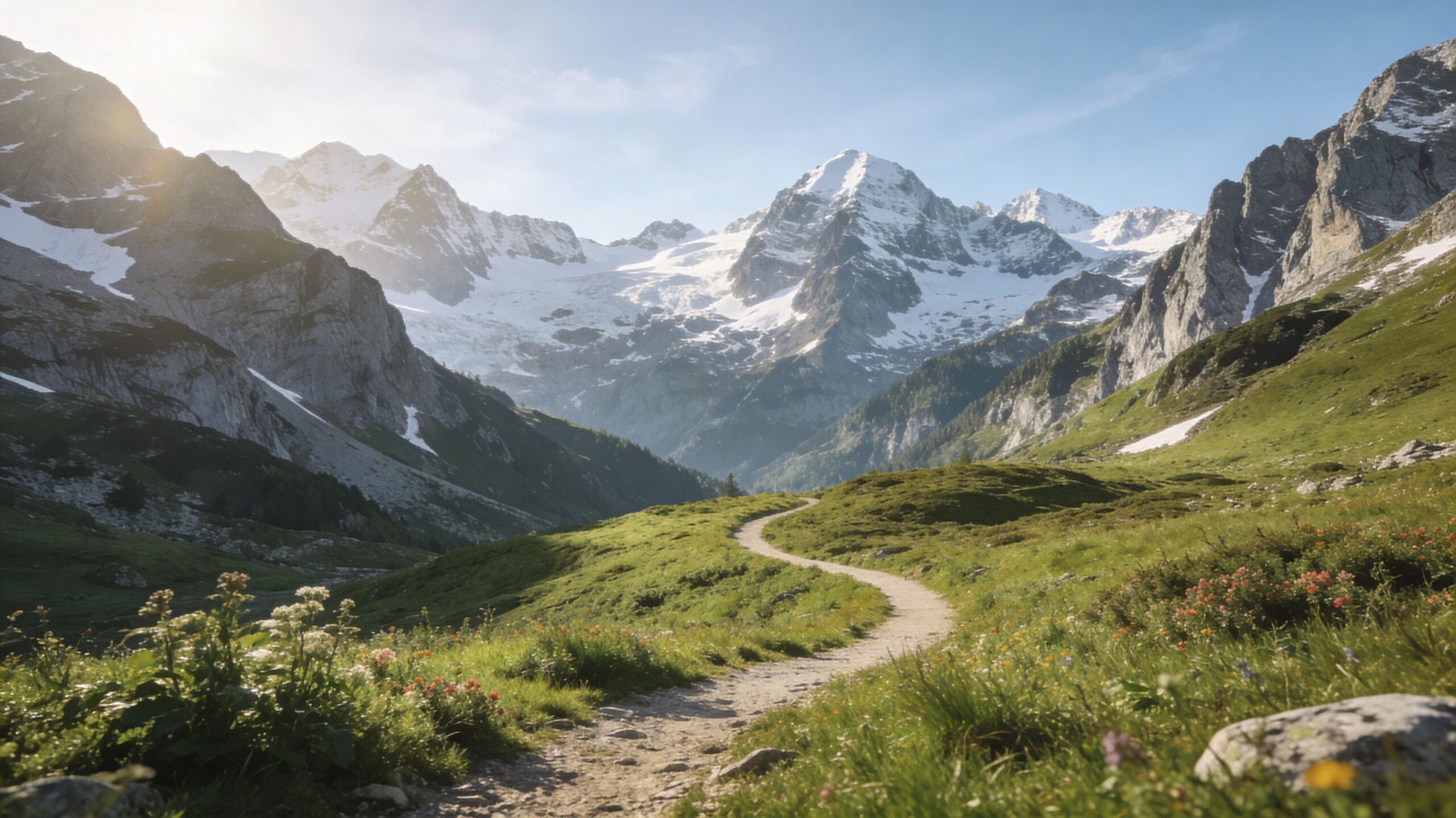 A scenic dirt hiking path winding through a lush green alpine meadow toward majestic snow-capped mountain peaks.